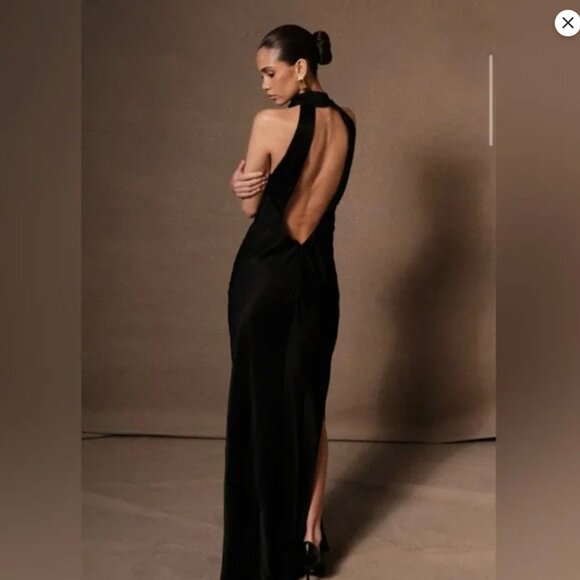 Meshki Claire Satin Drape Back Split Hem High Neck Maxi Dress Womens L Black - Picture 12 of 12